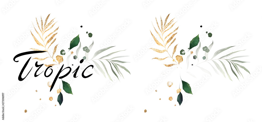 watercolor tropic logo. card with illustration leaves. Green Exotic leaf isolated on white background. composition for invitation watercolor tropic logo. card with illustration leaves. Green Exotic leaf isolated on white background. composition for invitation