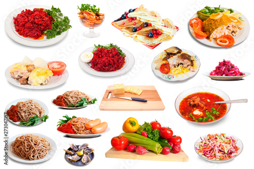View of many plates with tasty food over white background