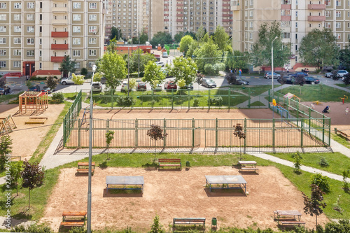 Aerial view playground workout place for sport and house building exterior mixed-use urban multi-family community residential district area development © svetlana