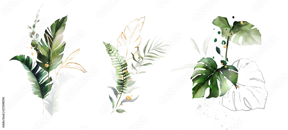  watercolor and gold leaves. herbal illustration. Botanic tropic composition.  Exotic modern design - obrazy, fototapety, plakaty 