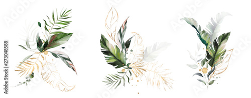  watercolor and gold leaves. herbal illustration. Botanic tropic composition.  Exotic modern design