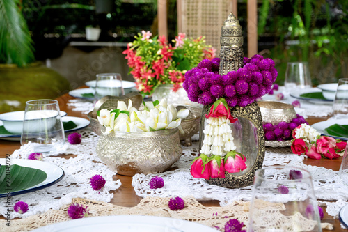 Thai food table decoration silver ware garland