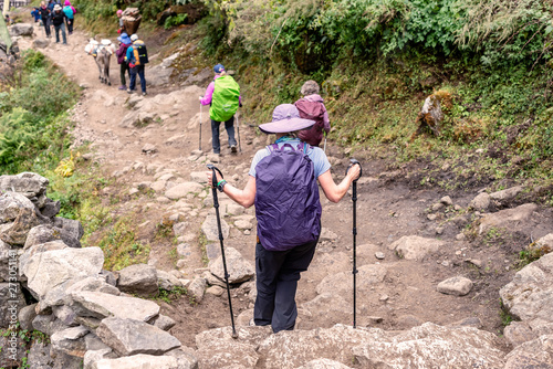 Trekkers on the trail to Phakding village on the Everest base camp trek, Nepal.