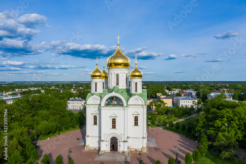 Aerial view of the Orthodox church, cathedral with golden crosses and domes in the city of Pushkin. Russia.