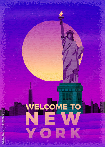 Vector vintage poster print - Liberty Statue with New York landscape on bright violet background. 