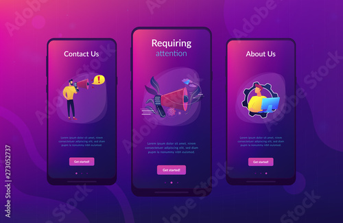 Businessman talk in megaphone with exclamation point. Draw attention, attention span and take note, requiring attention concept on white background. Mobile UI UX GUI template, app interface wireframe