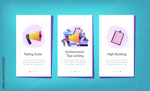 Megaphone and businessmen rate with stars and thumb up icons. Rank and rating scale, high-ranking, top-ranking concept on white background. Mobile UI UX GUI template, app interface wireframe