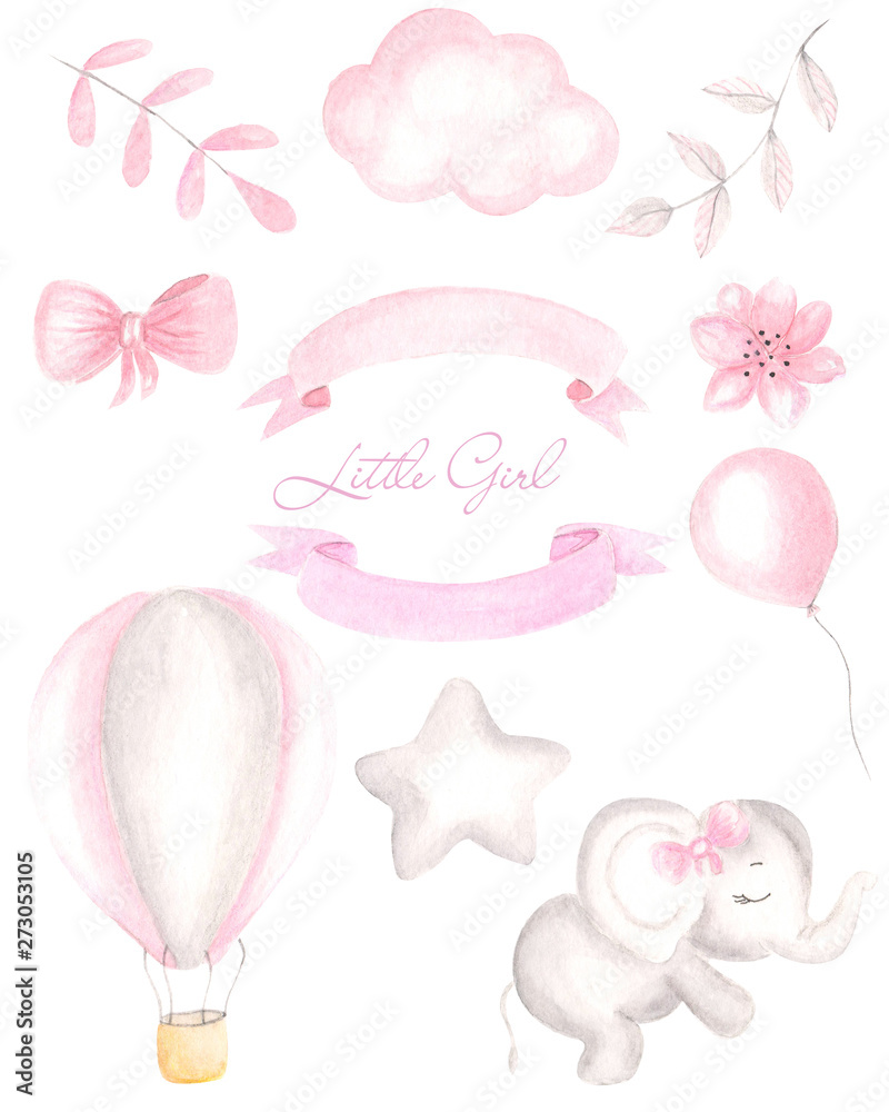 Watercolor illustration for children's design for girls. Cute pink pictures.