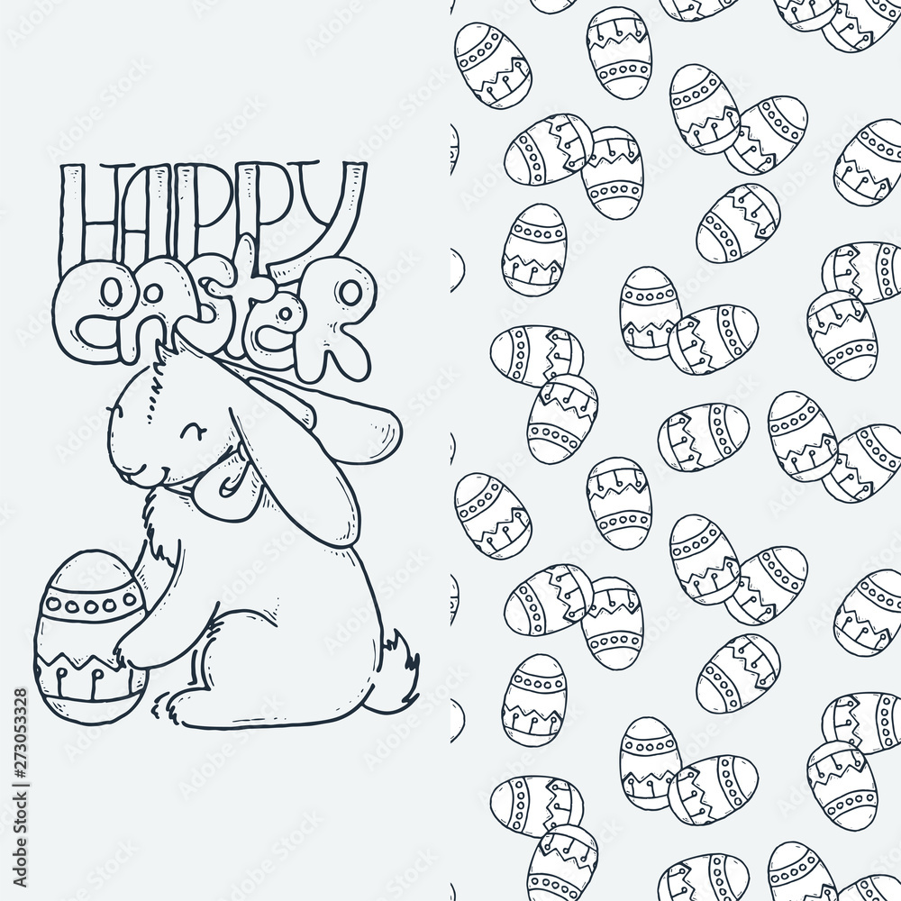 Cute little rabbit with egg, cartoon hand drawn vector illustration