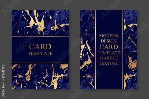 Modern card template with trendy golden marble texture on a navy blue background.