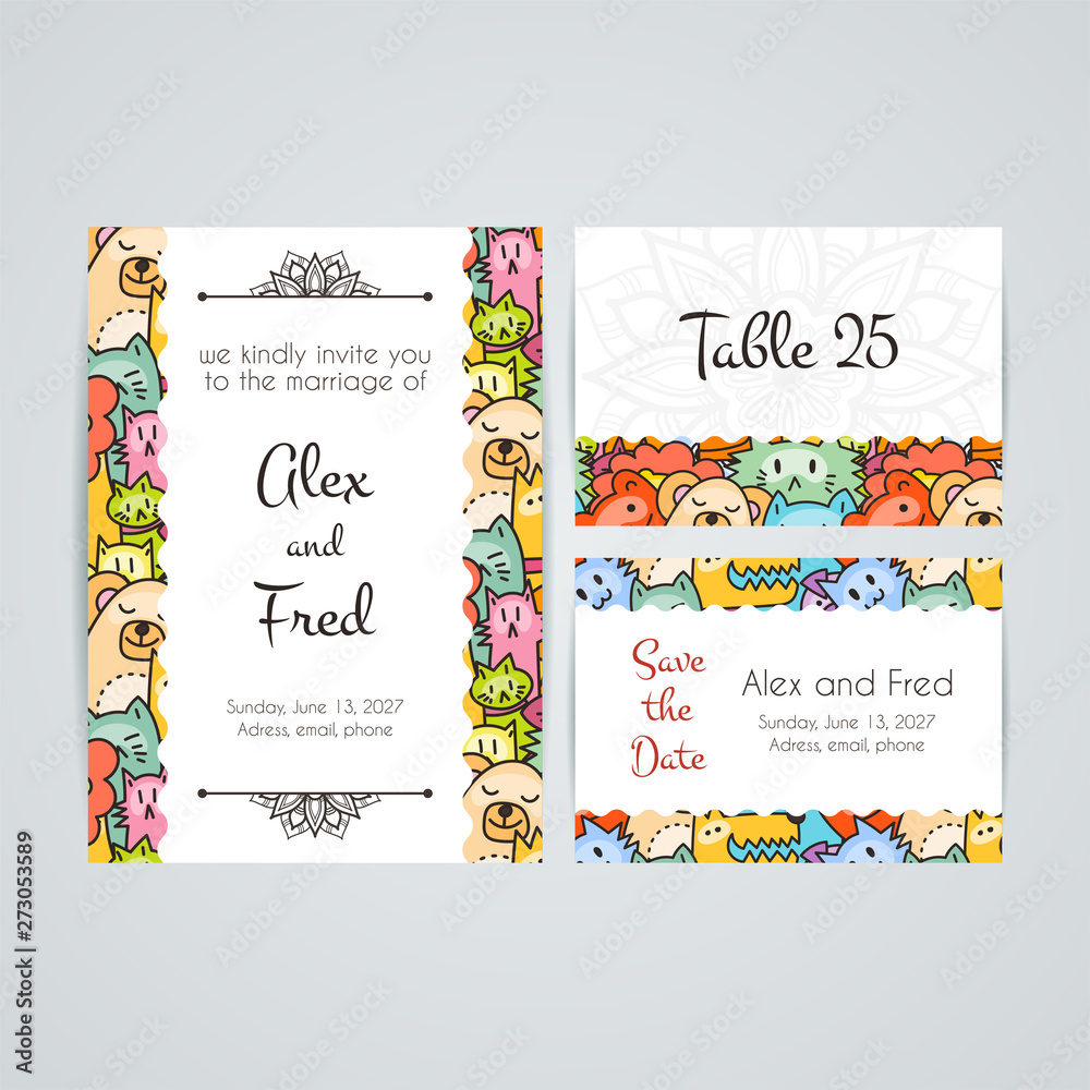 Doodle colorful hand drawn cards for kids and play. Cartoon design artistic print templates
