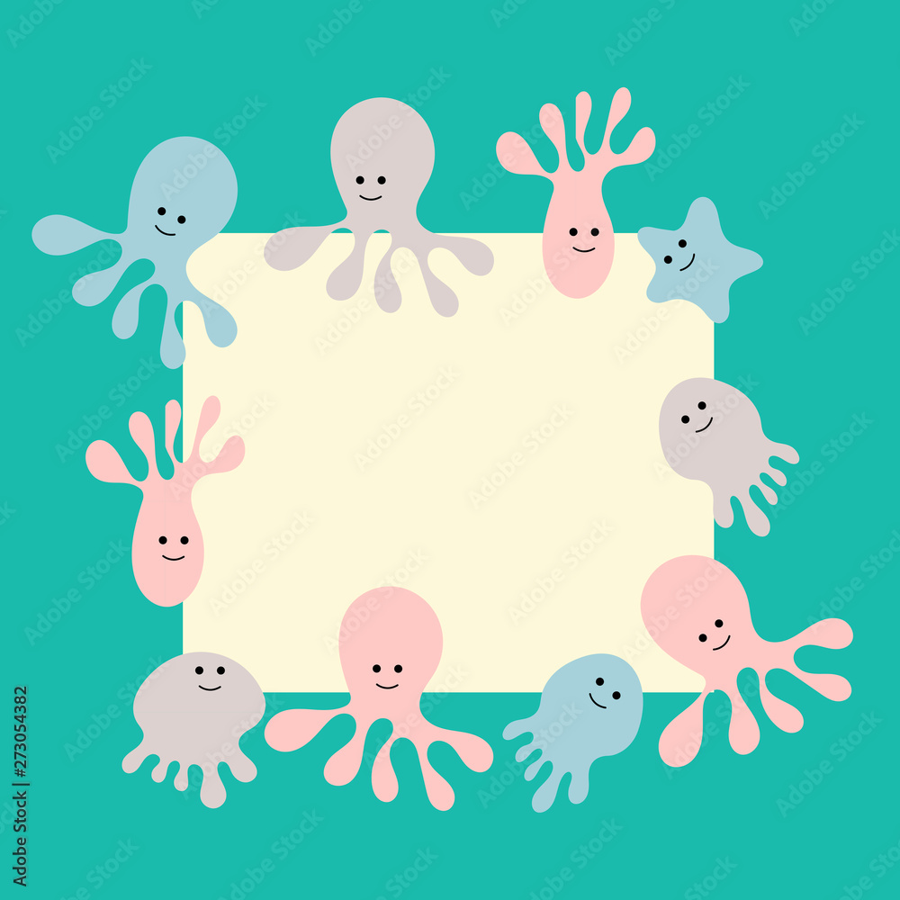 Funny Marine animals. Frame for congratulations, greetings. Vector