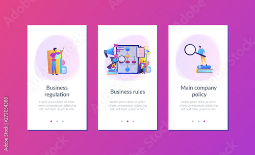 Businessmen with magnifier looking at business process flow chart. Business rules and regulation, main company policy, IT business analysis concept. Mobile UI UX GUI template, app interface wireframe