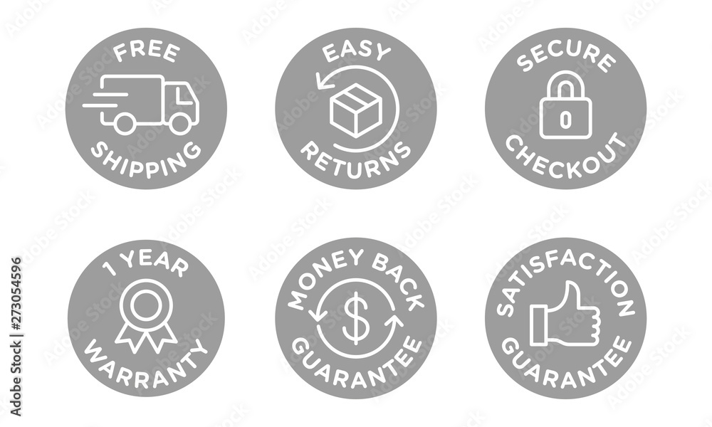 E-commerce security badges risk-free shopping icons set E-commerce security badges risk-free shopping icons set