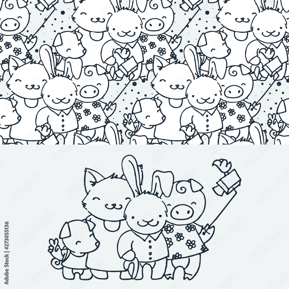 Cute little tourist animals, cartoon hand drawn vector seamless pattern.