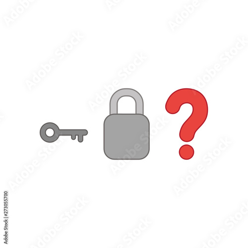 Vector icon concept of key with closed padlock without keyhole and question mark.