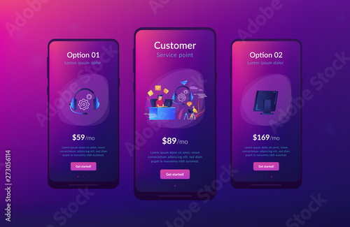 Contact center agents with headsets working at computers. Contact center, customer service point, customer relationship management concept. Mobile UI UX GUI template, app interface wireframe