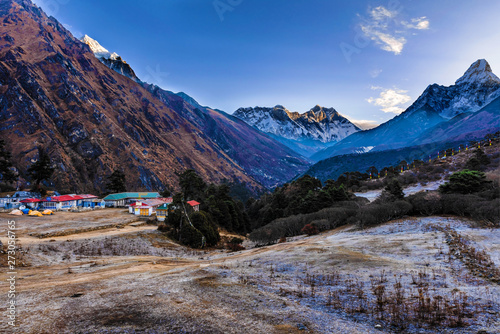 anoramic view of Mt. Everest, Lhotse, Nuptse and Ama Dablam from Tengboche, Nepal photo