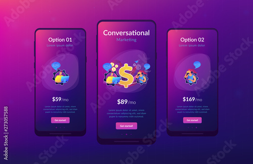 Customer has conversation on smartphone with assistant in real-time. Conversational sales, conversational marketing, real-time chatbot sale concept. Mobile UI UX GUI template, app interface wireframe