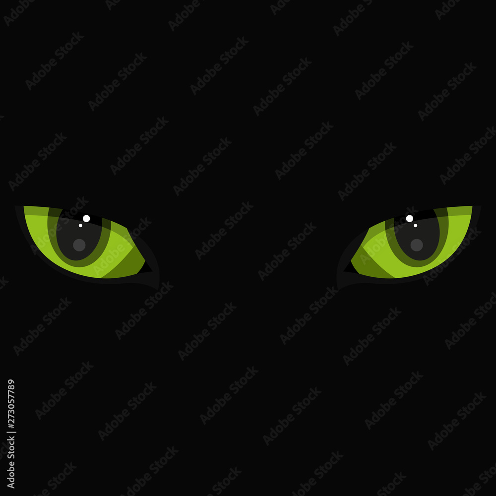 Beautiful green cat eyes on black background. Simple flat vector illustration
