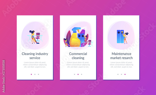 Commercial cleaning company janitors tidy up office with spray. Commercial cleaning, cleaning industry service, maintenance market resarch concept. Mobile UI UX GUI template, app interface wireframe
