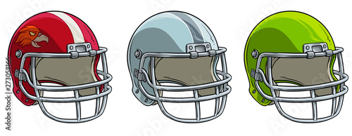 Cartoon colorful american football rugby protective sport helmet with eagle. Isolated on white background. Vector icon set.