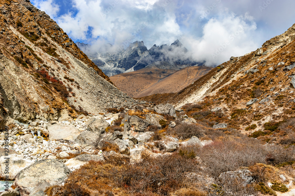 Scenic valley and Himalayan mountains peaks on the trek between Tengboche and Dingboche, Nepal.