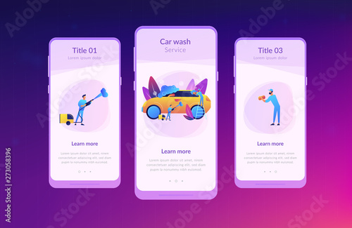 Car wash employees washing the exterior of the car with equipment and foam. Car wash service, vehicle cleaning market, carwash self-serve concept. Mobile UI UX GUI template, app interface wireframe