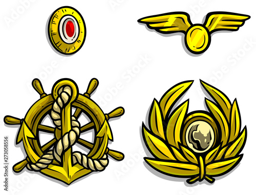 Cartoon golden army badges for peaked caps. Pilot and soldier. Sailor and officer. Isolated on white background. Vector icon set.