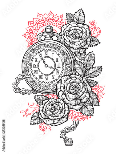 Watch with a chain in patterns with roses