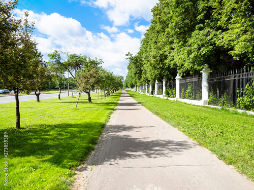 pedestrian pathway with green lawn and apple trees