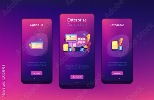 IT managers integrate technologies into business operations. Enterprise IT management, IT software solutions, enterprise architecture concept. Mobile UI UX GUI template, app interface wireframe