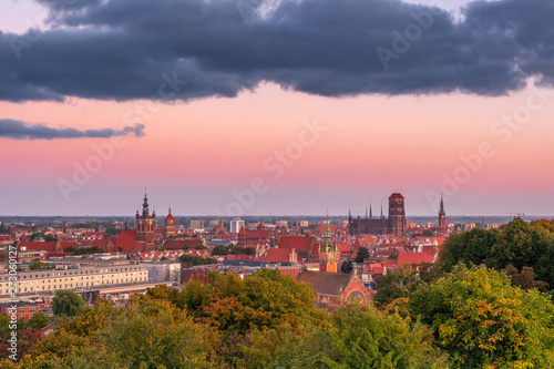 Panorama of Gdansk city at dusk. Gdansk skyline from Gradowa Mountain, Poland, Europe
