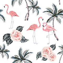 Fototapete Flamingomuster Flamingos Palmen und Rosen Muster  © ojardin