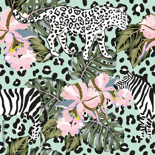Tropical leopard, zebra, monstera palm leaves, orchid flowers, animal print background. Vector seamless pattern. Graphic illustration. Exotic jungle. Summer beach floral design. Paradise nature