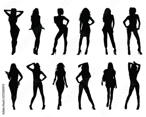 Canvas Print Black silhouettes of women in different  posing on a white background