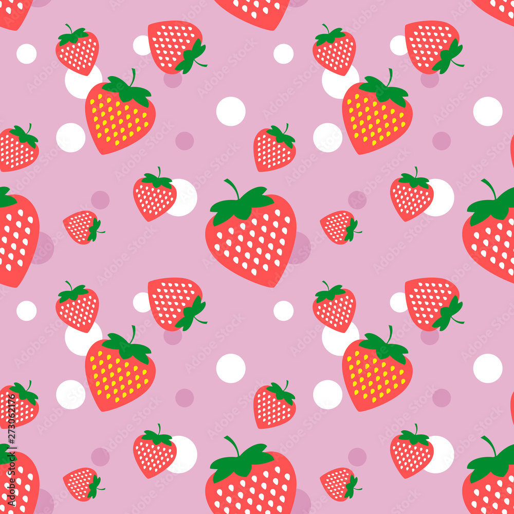Beautiful seamless background with red strawberries and white circles on a pink background. Vector illustration Beautiful seamless background with red strawberries and white circles on a pink background. Vector illustration