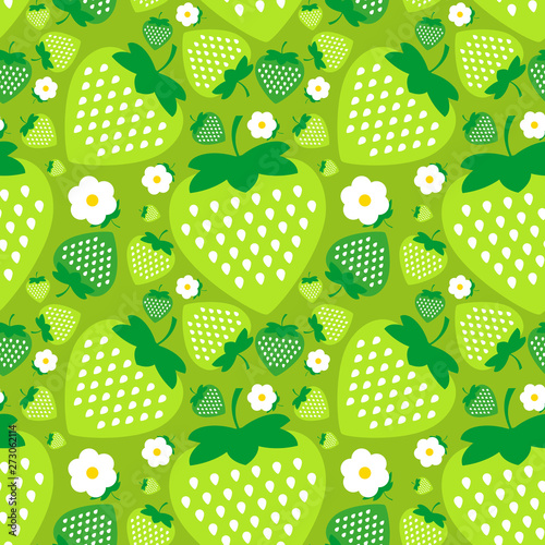 Seamless pattern with Green strawberries with white flowers on a green background. Vector illustration © art_rich