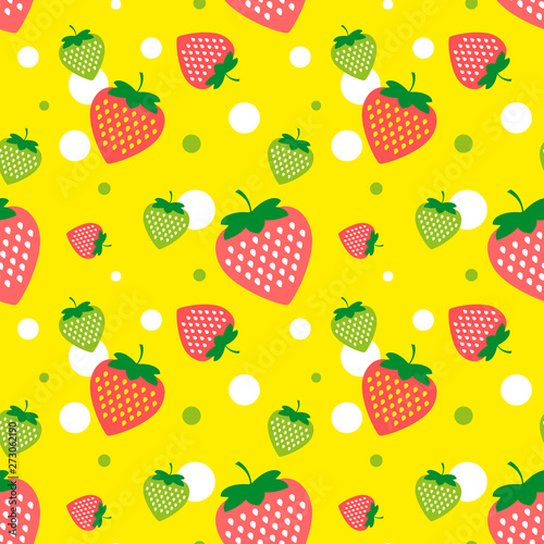 Beautiful seamless background with red and green strawberries on a yellow background. Vector illustration © art_rich
