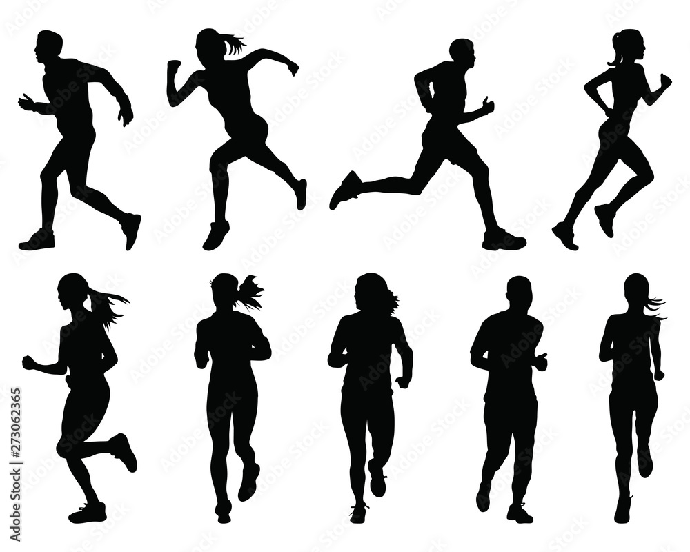 Black silhouettes of running on a white background