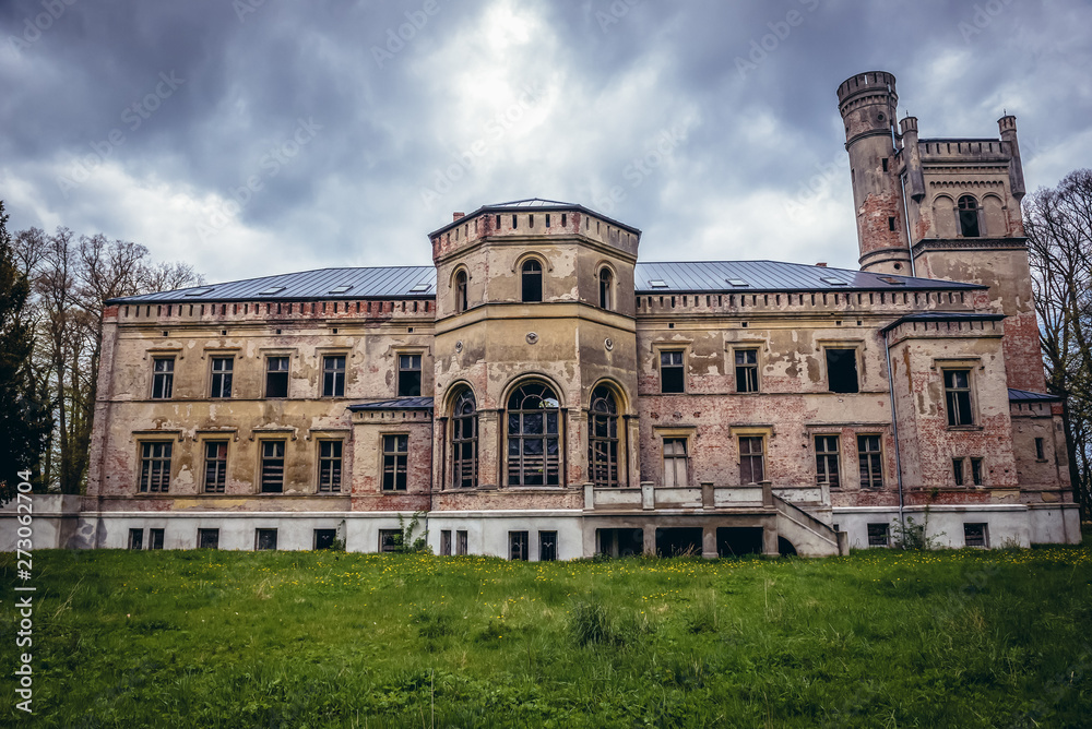 Front view of abandoned mansion in Drezewo, small village near Baltic Sea coast in West Pomerania region in Poland