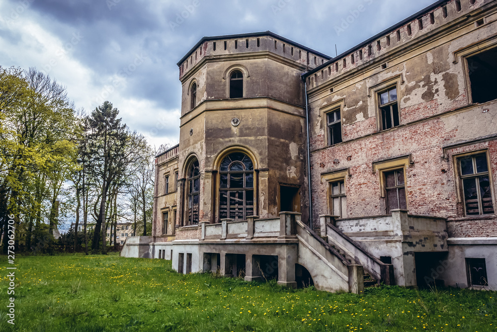 Rear view of abandoned mansion in Drezewo, small village near Baltic Sea coast in West Pomerania region in Poland
