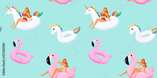 Summer pattern with cute girls in trendy swimsuits on inflatable swimming pools flamingos and unicorn. Vector seamless texture.
