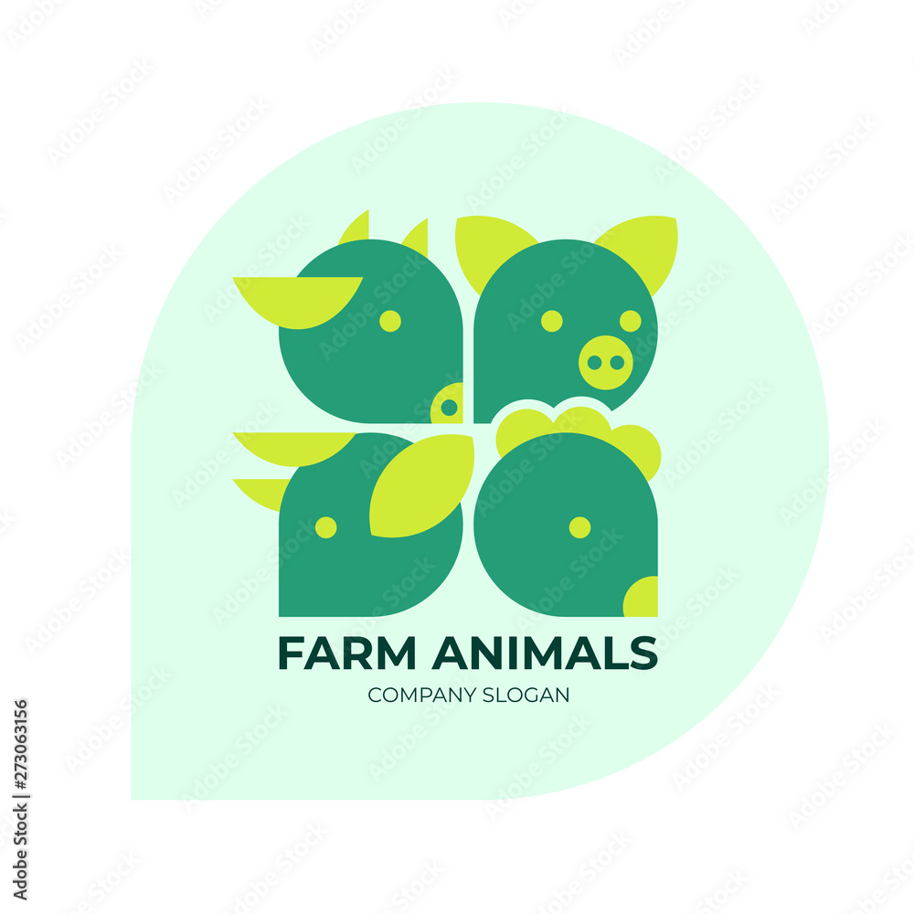 Farm animals trendy logo. Logotype for livestock company, animal husbandry.  Label for farm products, meat food, BIO market. Sign for agricultural  business. Vector icons with cow, pig, chicken and ram. Stock Vector |