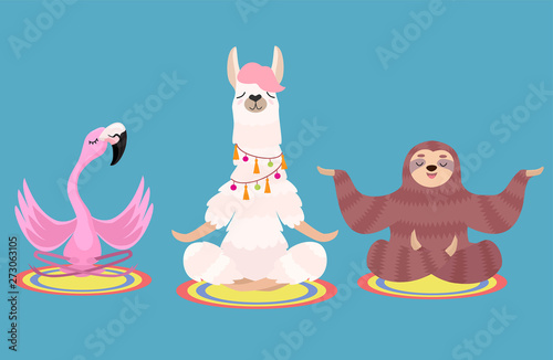 Set of meditating animals: sloth, llama and flamingo isolated on a blue background. Vector illustration.