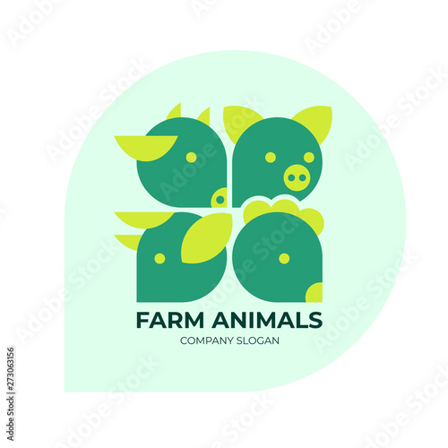 Farm animals trendy logo. Logotype for livestock company, animal husbandry. Label for farm products, meat food, BIO market. Sign for agricultural business. Vector icons with cow, pig, chicken and ram.