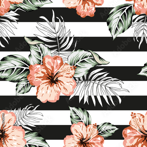 Tropical hibiscus flowers and palm leaves bouquets, striped background. Vector seamless pattern. Jungle foliage illustration. Exotic plants. Summer beach floral design. Paradise nature