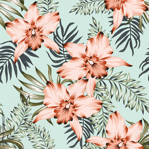 Tropical orchid flowers and palm leaves bouquets, mint background. Vector seamless pattern. Jungle foliage illustration. Exotic plants. Summer beach floral design. Paradise nature