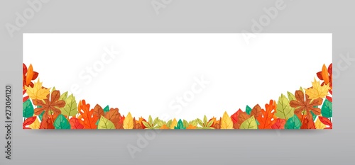 Autumn leaves background banner vector illustration. Green, red, orange, brown and yellow falling leaves. Colorful maple, chestnut and oak foliage. October season. Natural design.