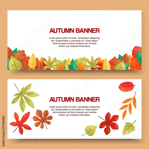 Autumn leaves set of banners vector illustration. Green, red, orange, brown and yellow falling leaves. Colorful maple, chestnut and oak foliage. October season. Natural design.